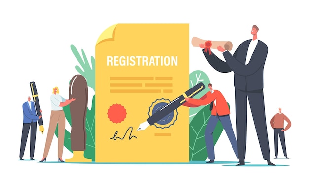 De minuscules personnages signent un énorme document papier pour l'enregistrement d'une nouvelle entreprise. Formulaire de démarrage d'entreprise, processus de construction de l'identité de la marque. Procédure de constitution de société. Illustration vectorielle de gens de dessin animé