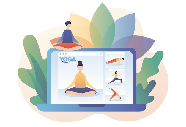 Vecteur de minuscules personnes qui regardent des cours en ligne utilisent un ordinateur portable pour pratiquer la méditation hatha yoga yoga en ligne