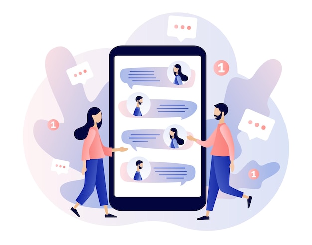 De minuscules personnes utilisant un smartphone mobile pour discuter Application de chat mobile Communication en ligne