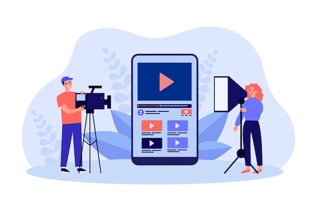 De minuscules vidéastes enregistrent des vidéos avec une application mobile. Personnes utilisant l'éditeur sur l'illustration vectorielle plane de l'écran du smartphone. Logiciel d'enregistrement, concept de lecteur pour bannière, conception de site Web ou page Web de destination