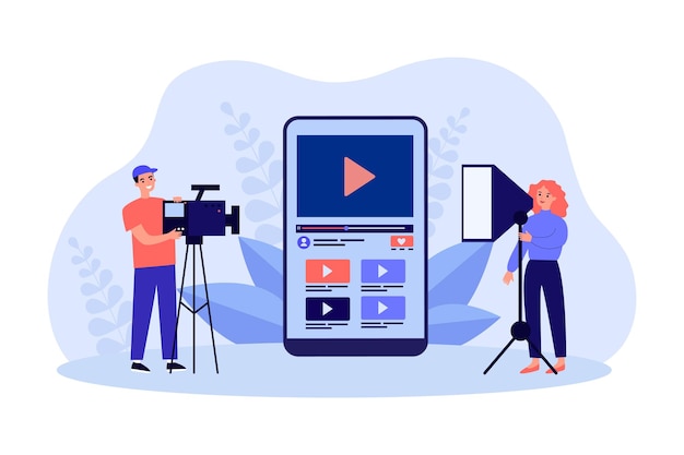 Vecteur de minuscules vidéastes enregistrent des vidéos avec une application mobile. personnes utilisant l'éditeur sur l'illustration vectorielle plane de l'écran du smartphone. logiciel d'enregistrement, concept de lecteur pour bannière, conception de site web ou page web de destination