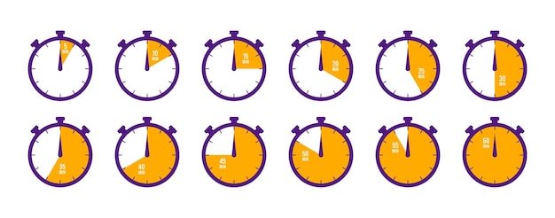 Vecteur minuterie, horloge, chronomètre isolé set d'icônes. compte à rebours 10, 20, 30, 40, 50, 60 minutes.