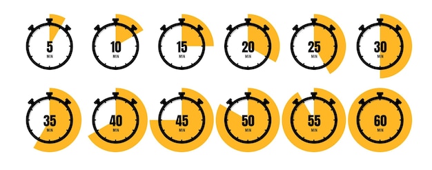 Minuterie, horloge, chronomètre isolé set d'icônes. Compte à rebours 10, 20, 30, 40, 50, 60 minutes.