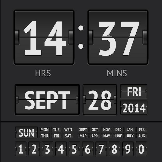 Vecteur minuterie numérique à tableau de bord noir avec date et heure de la semaine