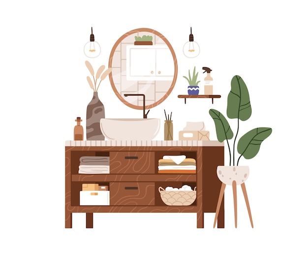 Miroir, Lavabo à L'intérieur De La Salle De Bain. Mobilier De Salle D'hygiène Scandinave Et Plante D'intérieur. évier Moderne, étagère, Commode En Bois Avec Serviettes. Illustration Vectorielle Plane Isolée Sur Fond Blanc