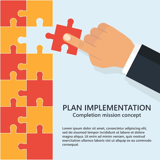 Mise En œuvre Du Plan D'entreprise. La Main Humaine Insère Le Puzzle Manquant. Concept De Travail D'équipe.