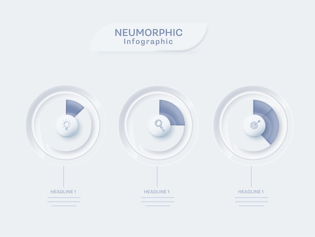 Mise en page du modèle d'infographie neumorphique avec graphique à trois niveaux sur fond blanc.