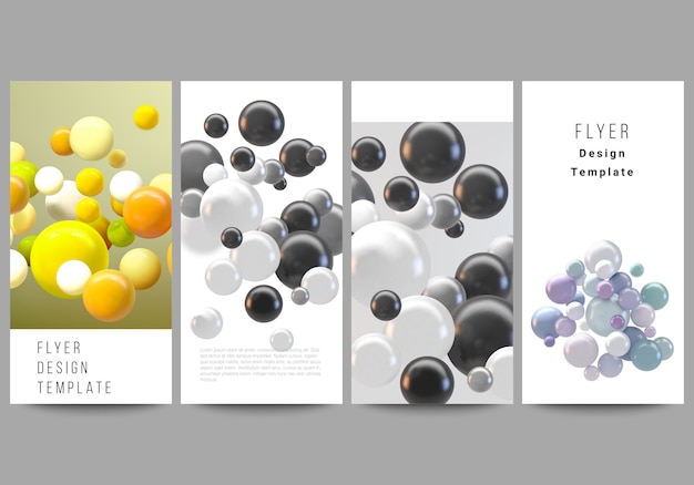 Mise En Page De Flyer, Modèles De Bannière Pour La Conception De Publicité De Site Web, Conception De Flyer Vertical, Décoration De Site Web. Abstrait Futuriste Avec Des Sphères 3d Colorées, Des Bulles Brillantes, Des Boules.