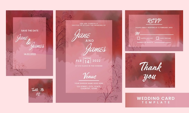 Mise en page des modèles de suite d'invitation de mariage floral effet aquarelle prête à être imprimable