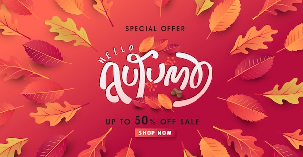 Mise En Page De Vente D'automne Décorer Avec Des Feuilles Pour La Bannière Web De Vente.