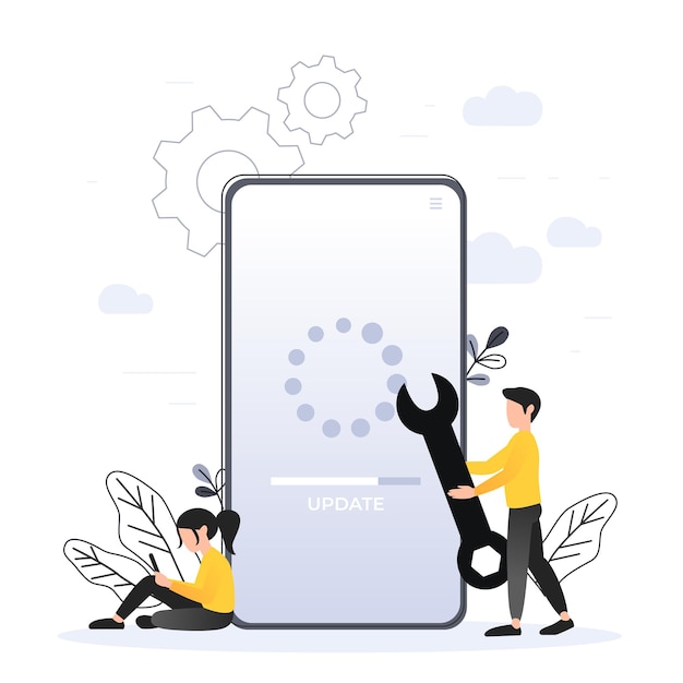 Mises à jour du système avec des personnes mettant à jour les opérations dans les programmes informatiques et d'installation. application mobile. Conception de personnage moderne illustration vectorielle plane. Pour une page de destination, une bannière, un dépliant, une page Web.