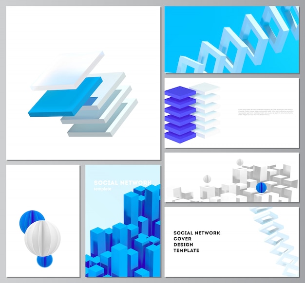 mises en page de réseau social moderne pour la conception de la couverture, la conception de sites Web, les arrière-plans de sites Web ou la publicité. Composition de rendu 3D avec des formes bleues géométriques réalistes dynamiques en mouvement