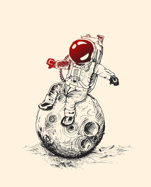 Mission spatiale d'astronautes suspendus lune, illustration vectorielle de croquis dessinés à la main.