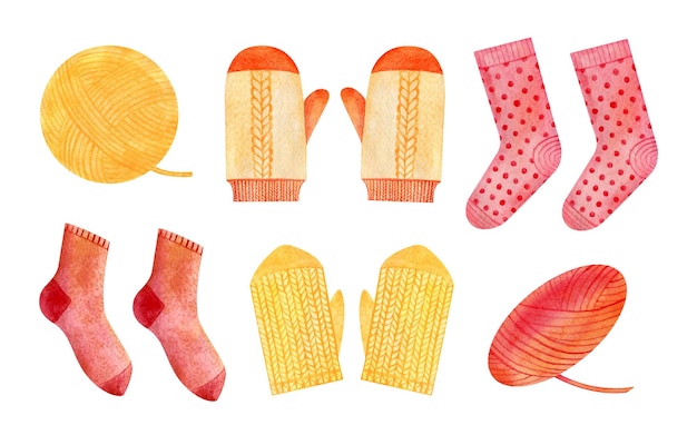 Mitaines et chaussettes tricotées à l'aquarelle avec fil rouge et jaune Ensemble dessiné à la main