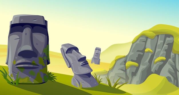 Moai Sur L'île De Pâques Dans La Grotte. Sculptures En Pierre De Dessin Animé De Vecteur Sur La Montagne.