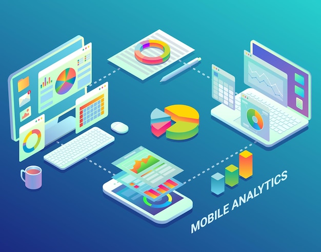 Mobile Web Analytics Infographie Vectorielle Illustration Isométrique Plate