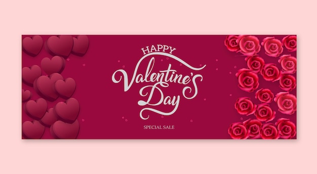 mock-up de bannière de vente du jour de la Saint-Valentin avec des cœurs d'amour rouges décoratifs
