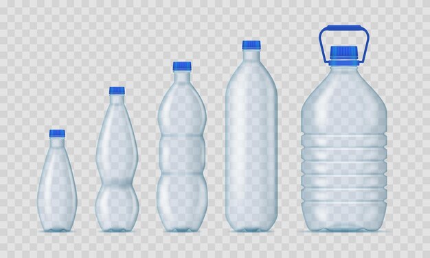 Vecteur mockup de modèle vide de bouteilles en plastique 3d réalistes détaillées sur un fond transparent illustration vectorielle de la bouteille mock up
