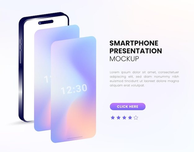 Mockup de téléphone portable 3D réaliste à vue frontale avec présentation de smartphone à différents angles