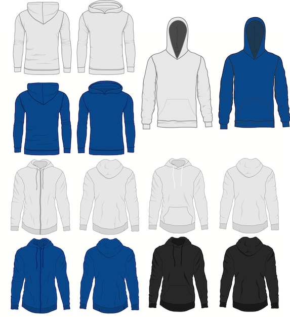 Vecteur mode à capuche pour hommes bleu et gris, modèle de sweat-shirt. maquette de vêtements d'extérieur réalistes vue avant et arrière. sport et style urbain