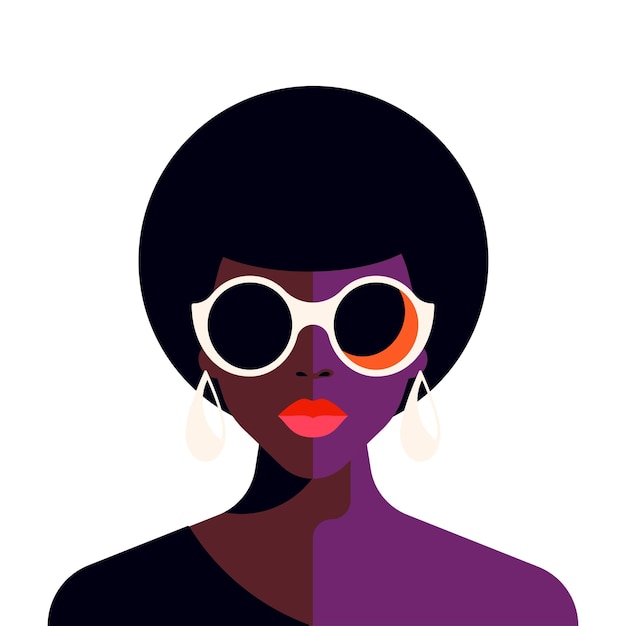 Mode Femme Noire Portrait Demi-teinte Pop Art Minimaliste Avatar Vecteur Illustration Plate