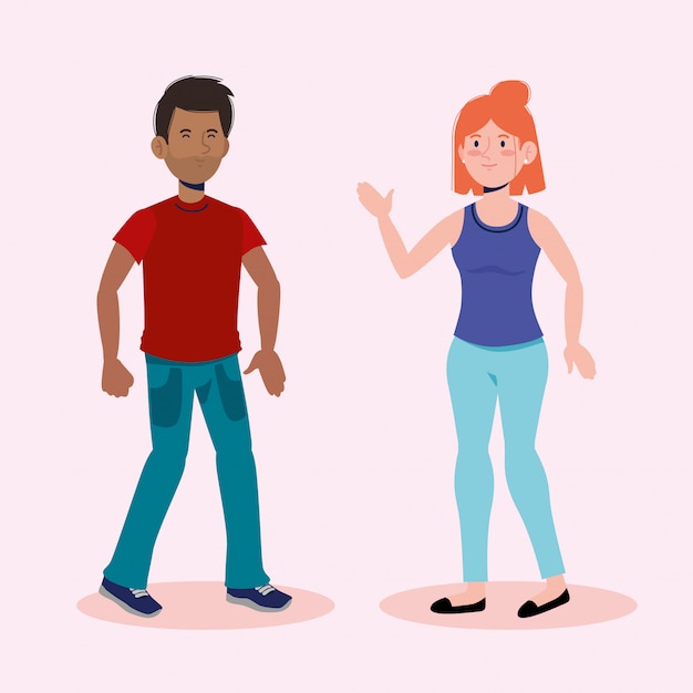 Mode garçon et fille parlant avec des vêtements décontractés