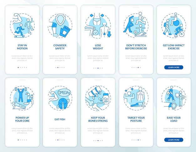 Mode de vie actif pour la santé des articulations ensemble d'écrans d'application mobile d'intégration bleu
