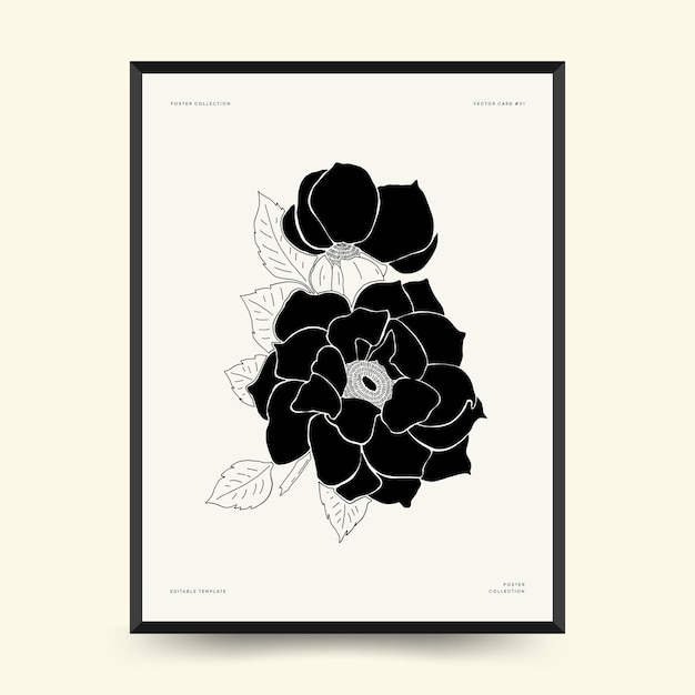 Modèle abstrait d'affiches florales. Style noir tendance botanique moderne. Fleurs d'époque.