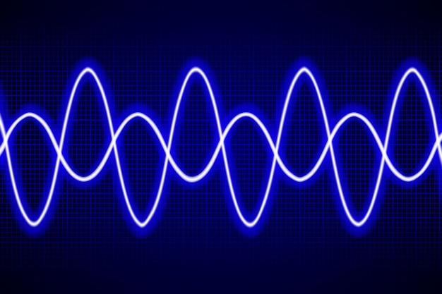 Vecteur modèle abstrait de courbe cosinus bleu néon sur écran numérique d'oscilloscope sombre