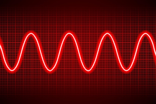 Vecteur modèle abstrait de courbe cosinus rouge néon sur écran numérique d'oscilloscope sombre
