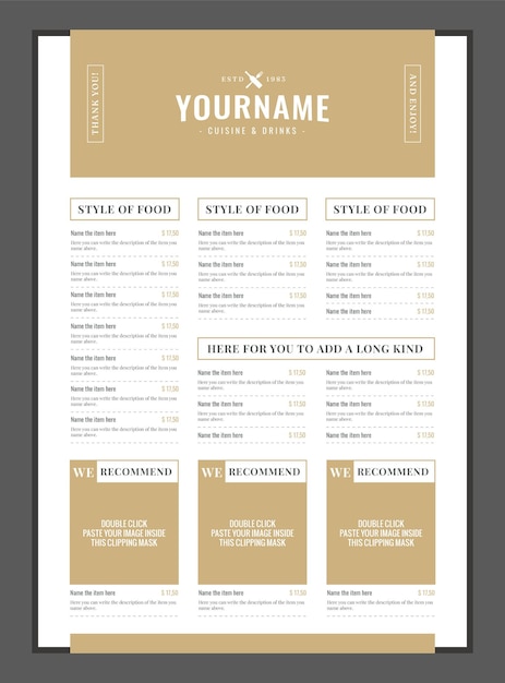 Modèle d'Affiche A3 de menu de cuisine chic
