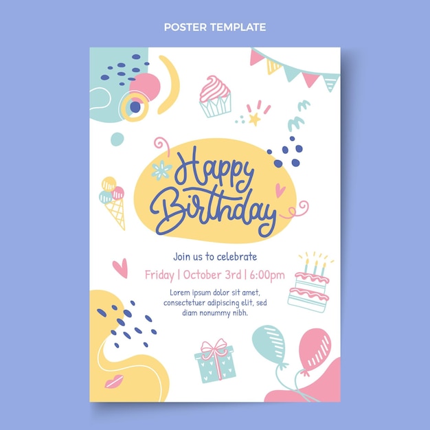 Modèle d'affiche d'anniversaire enfantin dessiné à la main