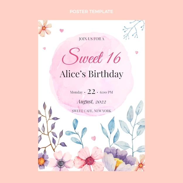 Modèle D'affiche Aquarelle Floral Sweet 16