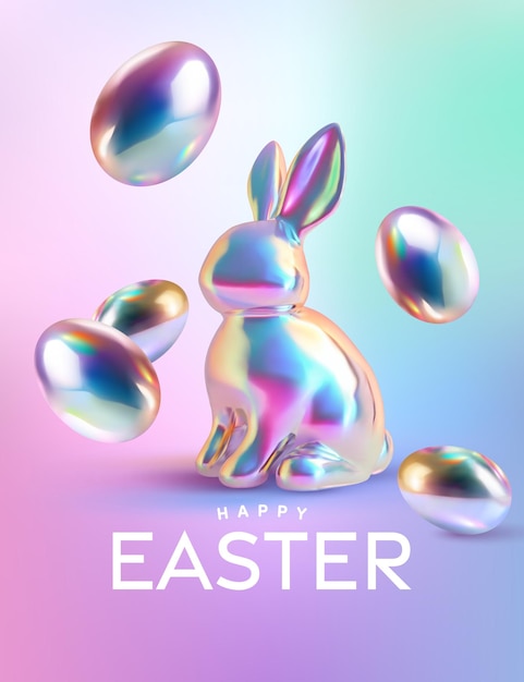 Vecteur modèle d'affiche et de bannière de pâques avec des œufs de lapin et de pâque en hologramme métallique en gradient