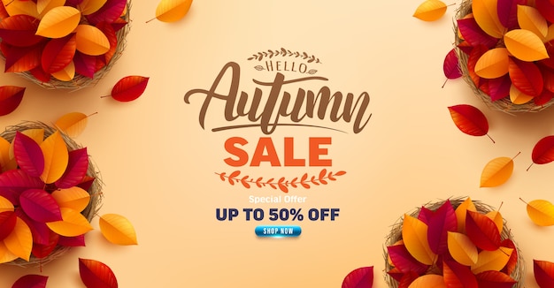 Modèle D'affiche Et De Bannière De Vente D'automne. Vue De Dessus Du Panier Avec Des Feuilles Colorées D'automne Sur Fond Jaune. Salutations Et Cadeaux Pour La Saison D'automne.modèle De Promotion Pour Le Concept D'automne Ou D'automne