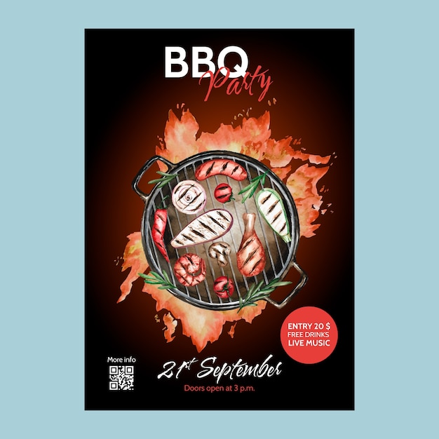 Modèle d'affiche de barbecue d'été aquarelle avec nourriture et grillades