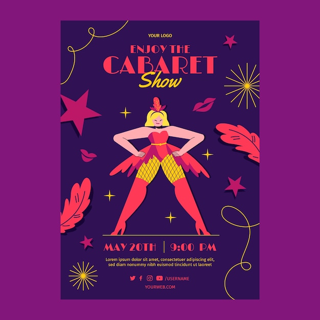 Vecteur modèle d'affiche de cabaret plat dessiné à la main