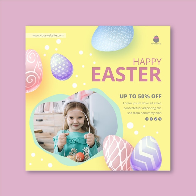 Modèle d'affiche carrée pour Pâques avec petite fille et oeufs