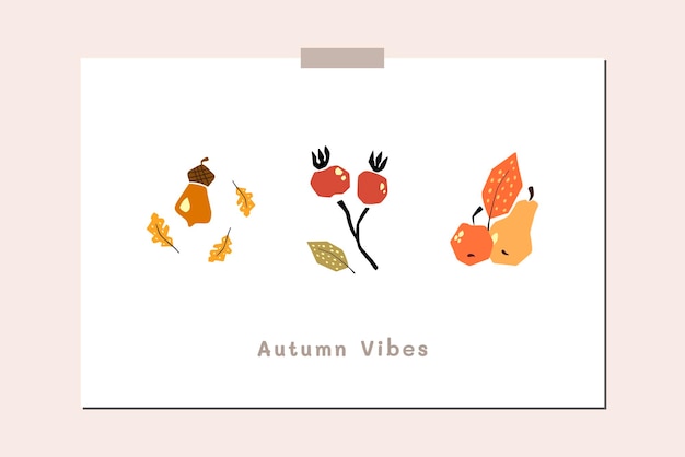 Modèle d'affiche de carte de voeux d'humeur d'automne Bienvenue invitation de thanksgiving de saison d'automne Carte postale minimaliste nature laisse arbres citrouilles formes abstraites Illustration vectorielle en style cartoon plat