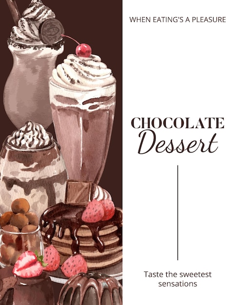 Vecteur modèle d'affiche avec concept de dessert au chocolatstyle aquarelle