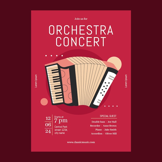 Vecteur modèle d'affiche de concert d'orchestre à design plat
