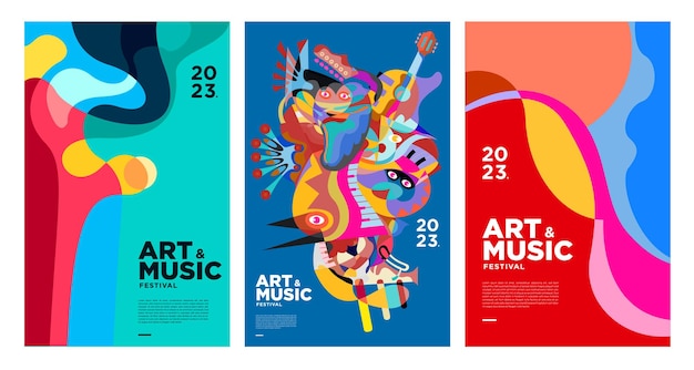 Vecteur modèle d'affiche et de couverture du festival d'art et de musique coloré d'été 2023