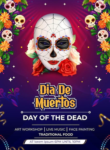 Vecteur modèle d'affiche ou dépliant réaliste de vecteur dia de muertos