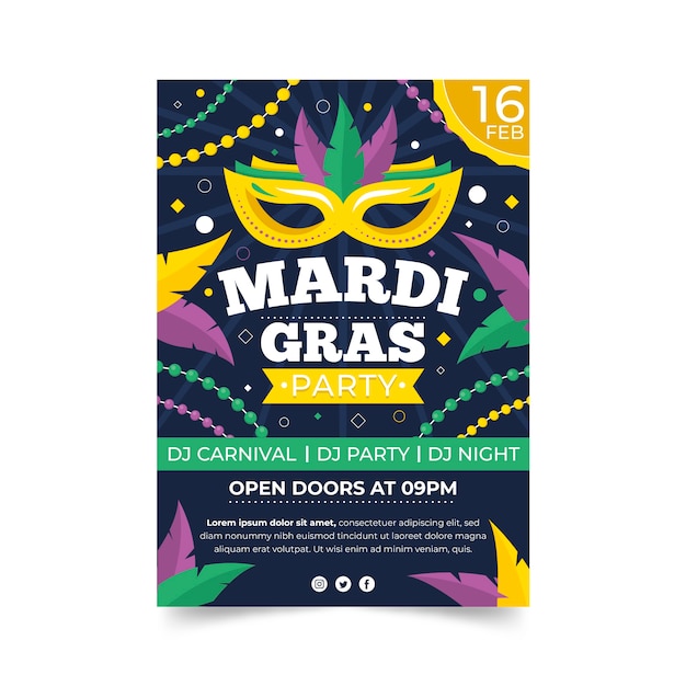 Vecteur modèle d'affiche design plat mardi gras avec masque