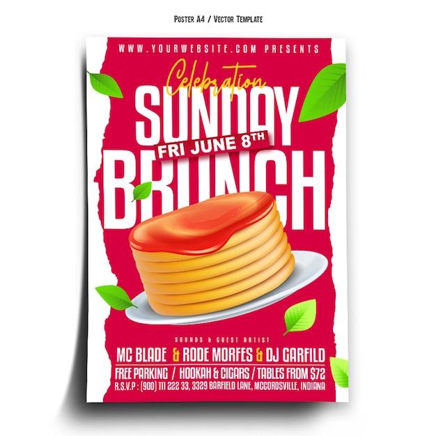 Modèle d'affiche du brunch du dimanche avec des crêpes sur une plaque blanche sur fond