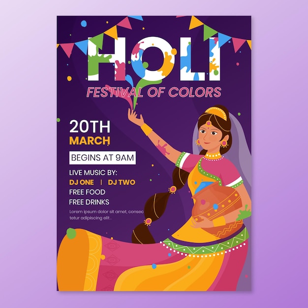 Modèle D'affiche De Festival Holi Design Plat