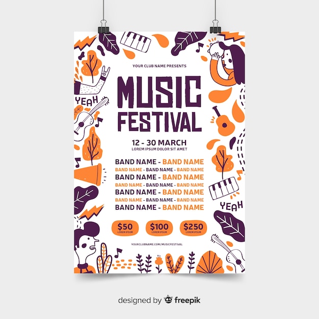 Vecteur modèle d'affiche de festival de musique dessiné à la main