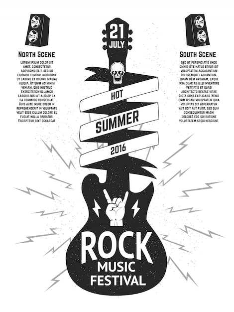 Vecteur modèle d'affiche de festival de musique. silhouette de guitare sur fond blanc.