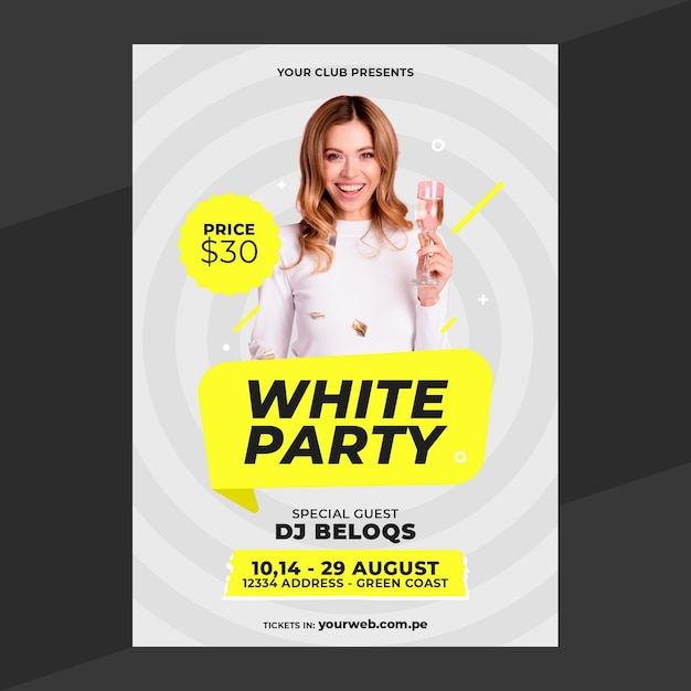 Modèle d'affiche de fête blanche design plat