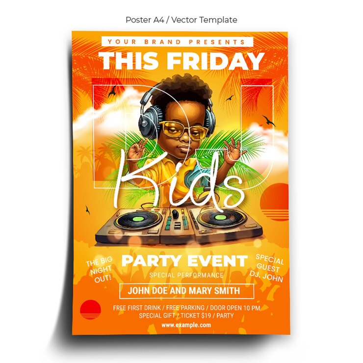 Vecteur modèle d'affiche de fête d'enfants dj